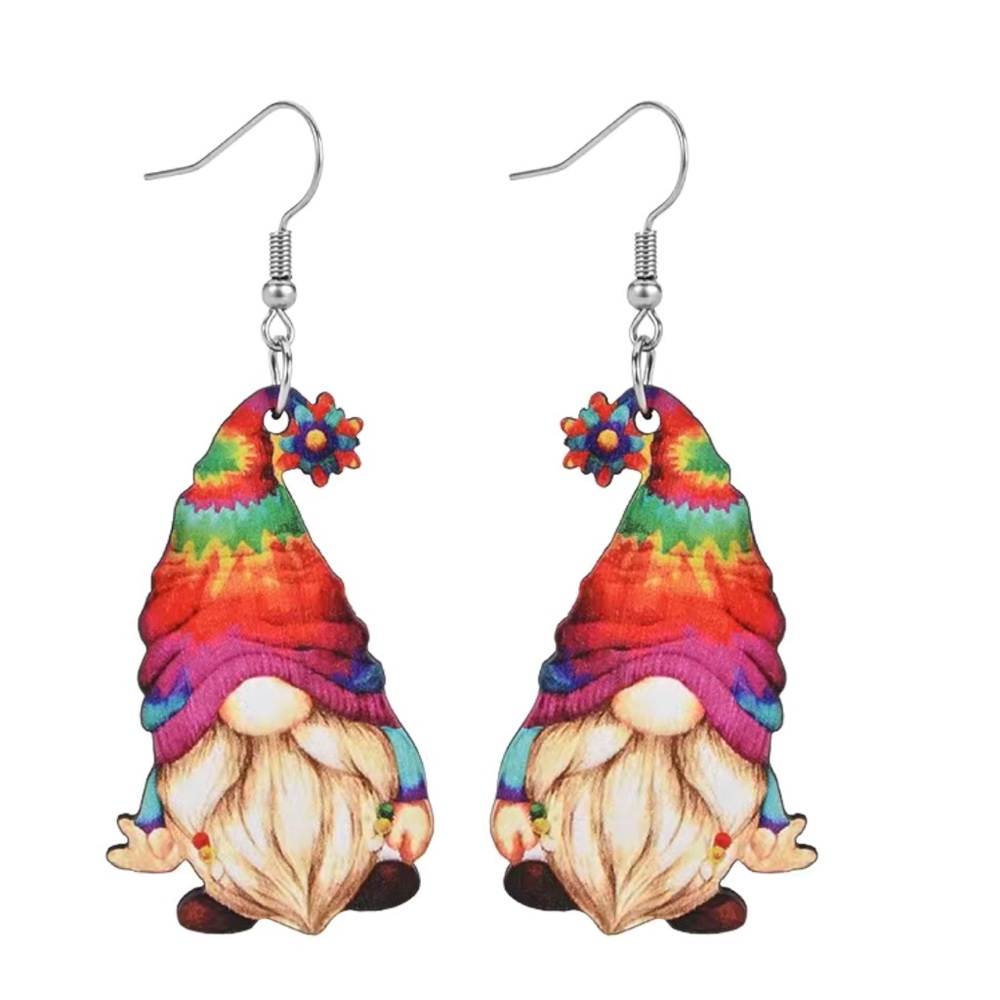 Gnome earrings crisp design, same front & back. 1.75” long. Light wt wood. NIP